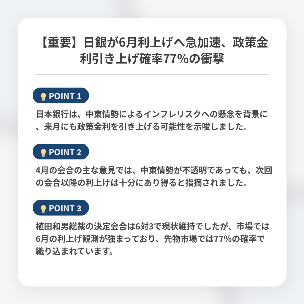 【重要】日銀が6月利上げへ急加速、政策金利引き上げ確率77％の衝撃の注目ポイントまとめ