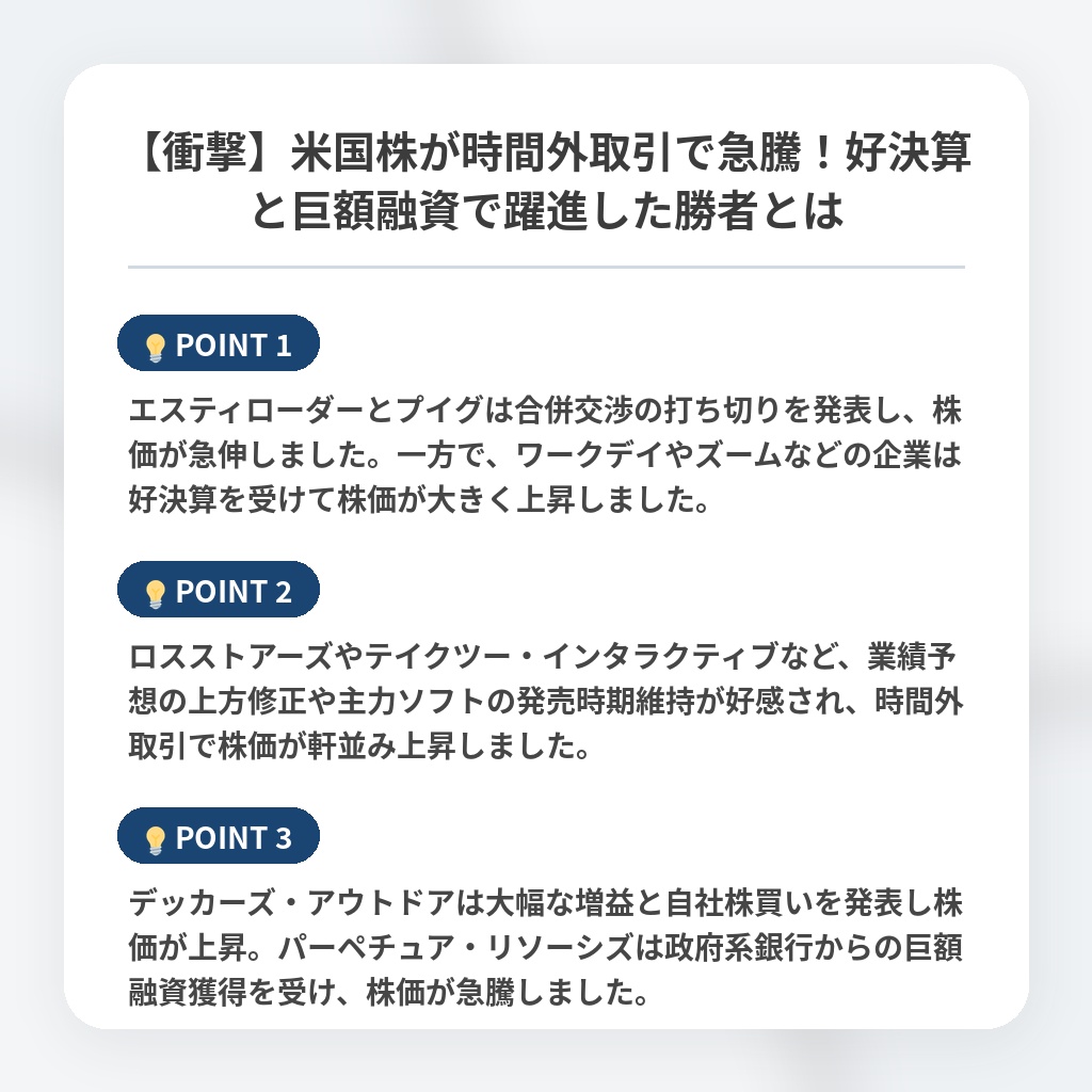 【衝撃】米国株が時間外取引で急騰!好決算と巨額融資で躍進した勝者とはの注目ポイントまとめ