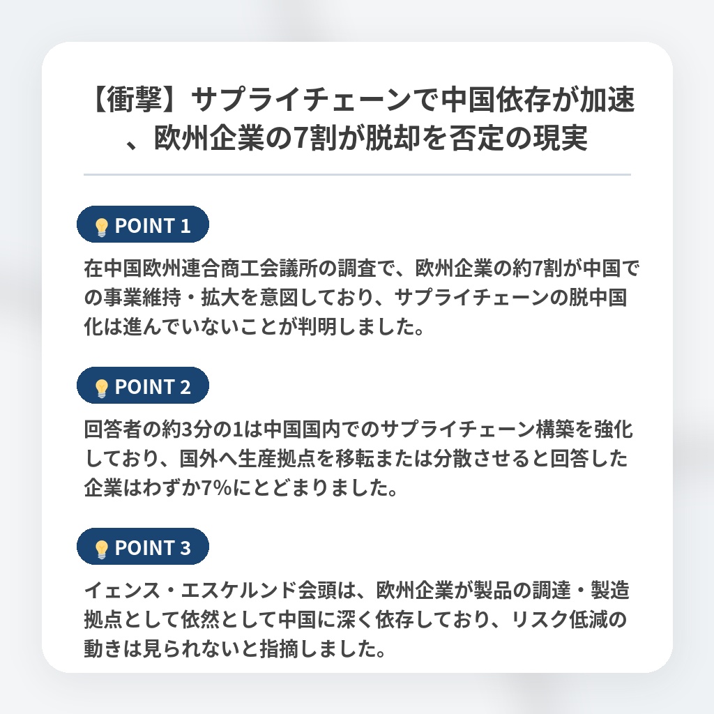 【衝撃】サプライチェーンで中国依存が加速、欧州企業の7割が脱却を否定の現実の注目ポイントまとめ