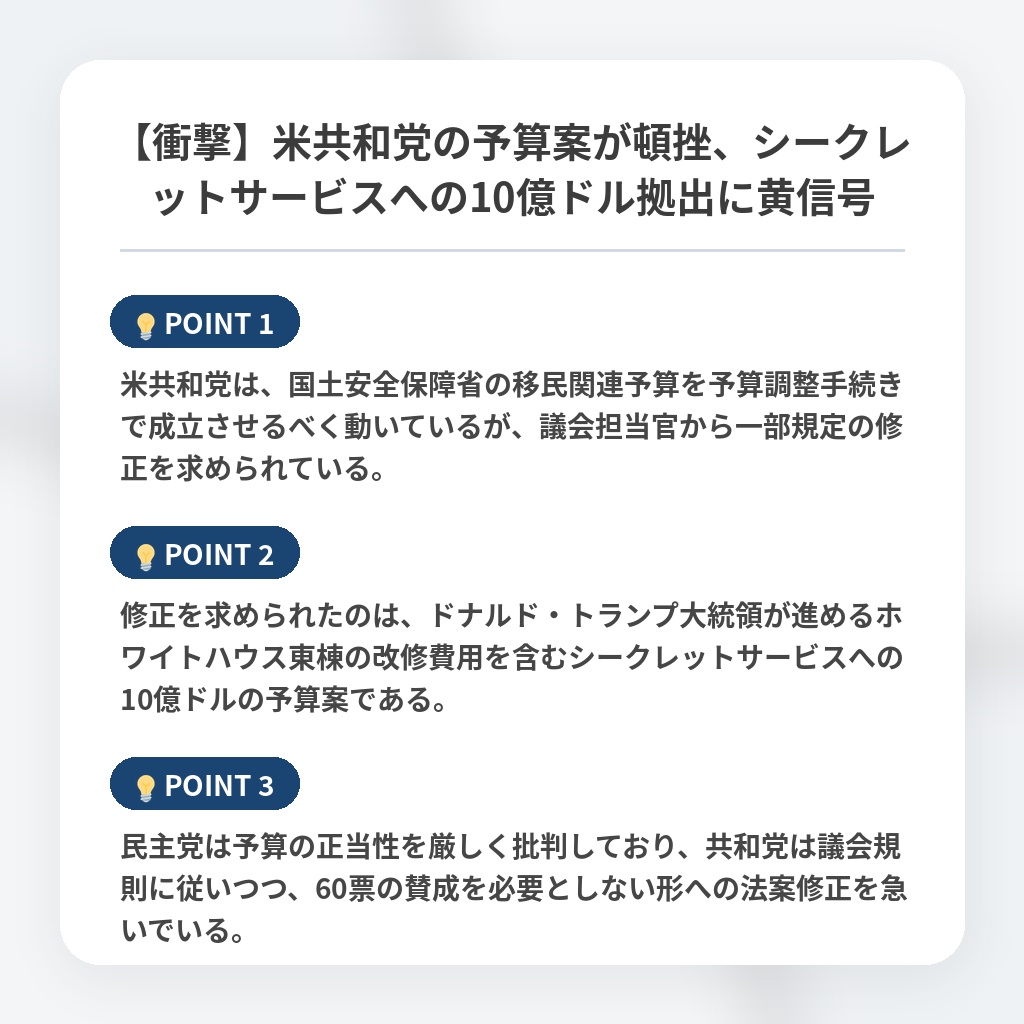 【衝撃】米共和党の予算案が頓挫、シークレットサービスへの10億ドル拠出に黄信号の注目ポイントまとめ