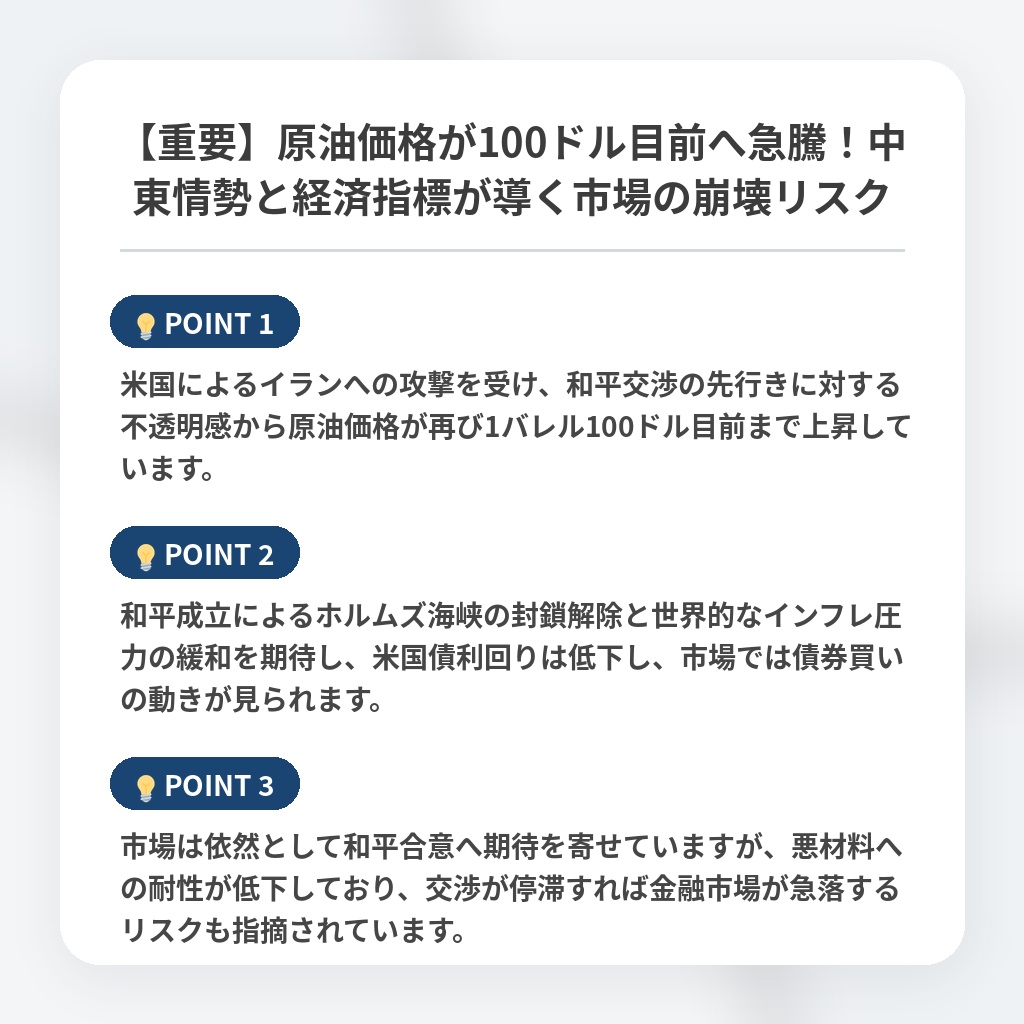 【重要】原油価格が100ドル目前へ急騰！中東情勢と経済指標が導く市場の崩壊リスクの注目ポイントまとめ