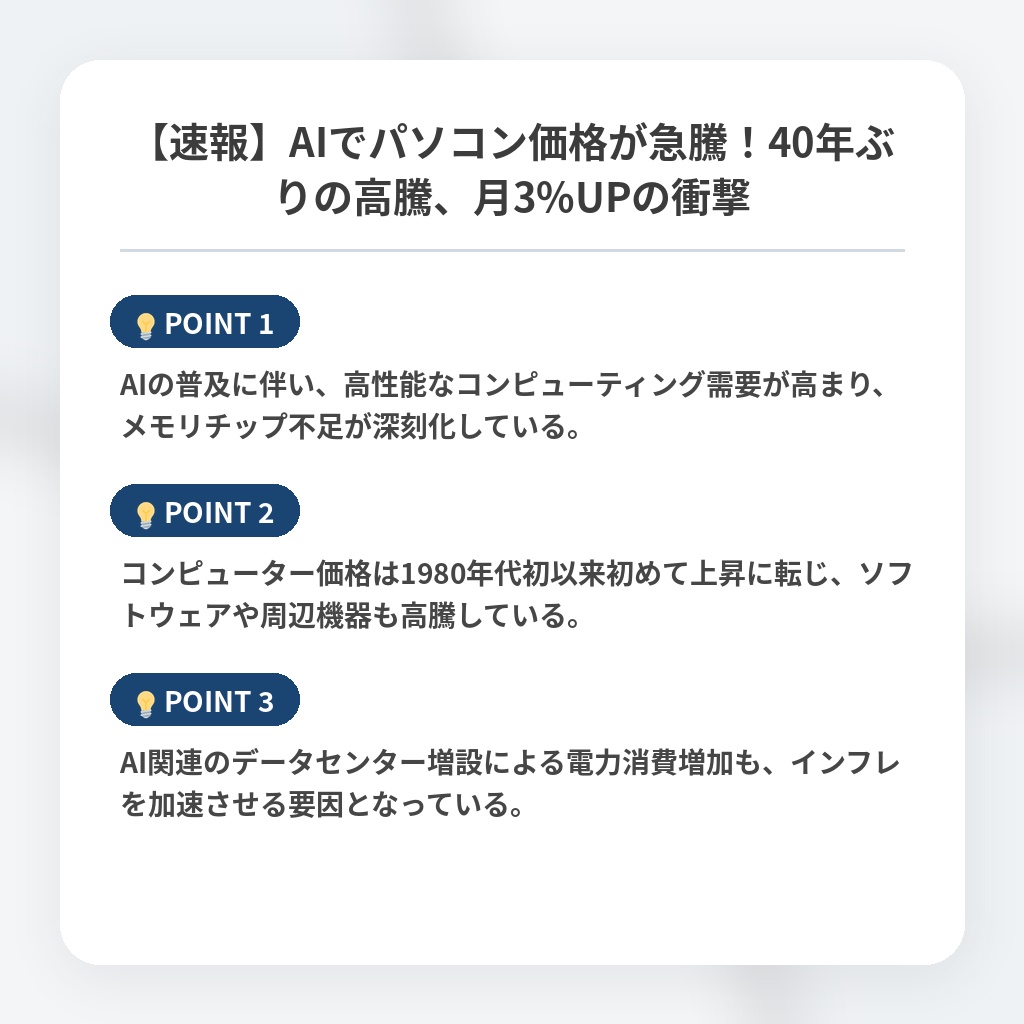 【速報】AIでパソコン価格が急騰！40年ぶりの高騰、月3%UPの衝撃の注目ポイントまとめ
