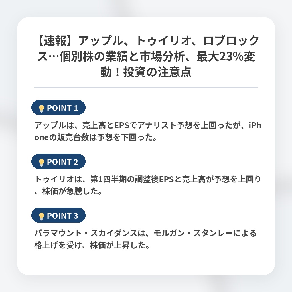 【速報】アップル、トゥイリオ、ロブロックス…個別株の業績と市場分析、最大23%変動！投資の注意点の注目ポイントまとめ