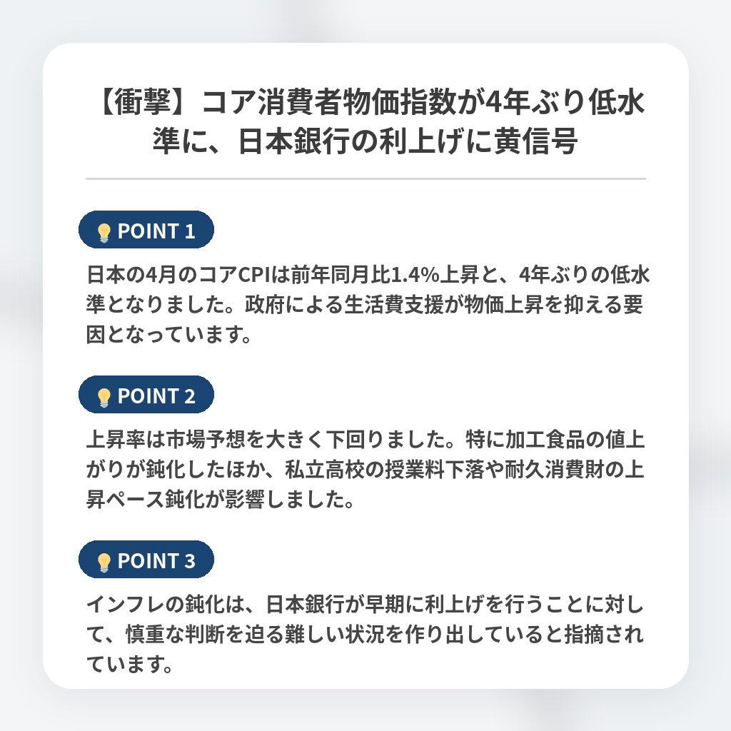 【衝撃】コア消費者物価指数が4年ぶり低水準に、日本銀行の利上げに黄信号の注目ポイントまとめ