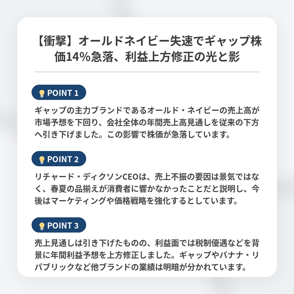 【衝撃】オールドネイビー失速でギャップ株価14％急落、利益上方修正の光と影の注目ポイントまとめ