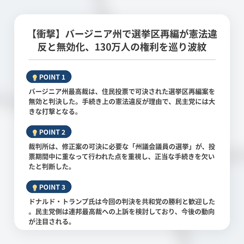 【衝撃】バージニア州で選挙区再編が憲法違反と無効化、130万人の権利を巡り波紋の注目ポイントまとめ