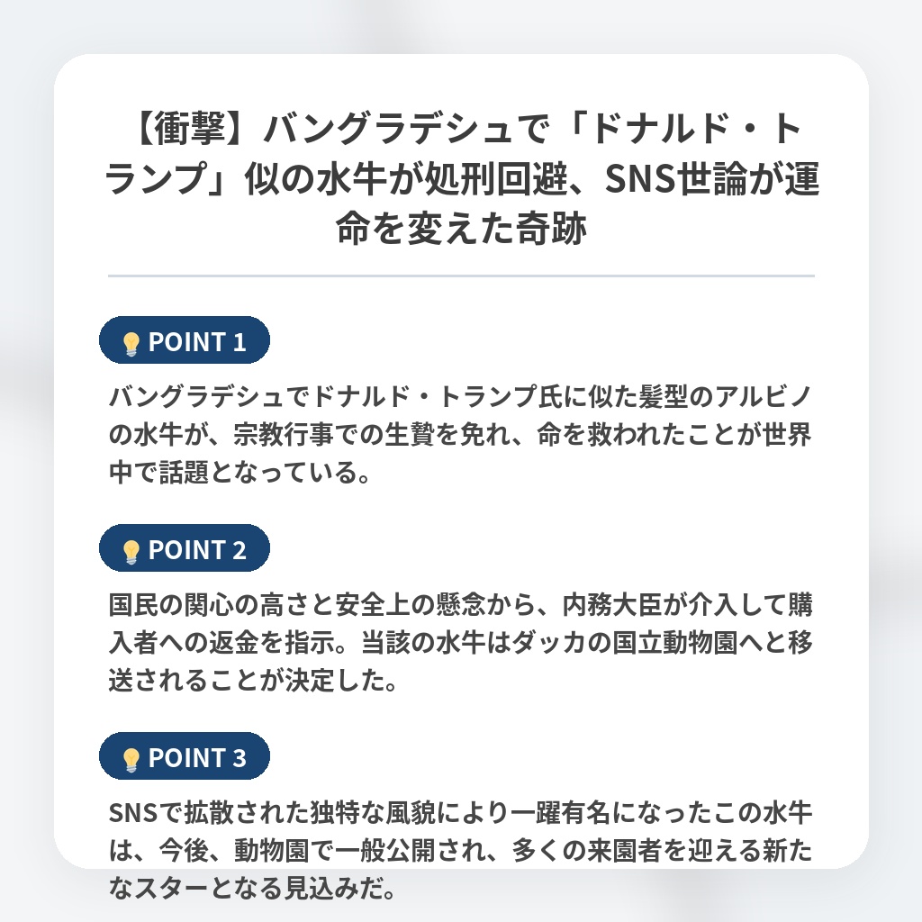 【衝撃】バングラデシュで「ドナルド・トランプ」似の水牛が処刑回避、SNS世論が運命を変えた奇跡の注目ポイントまとめ