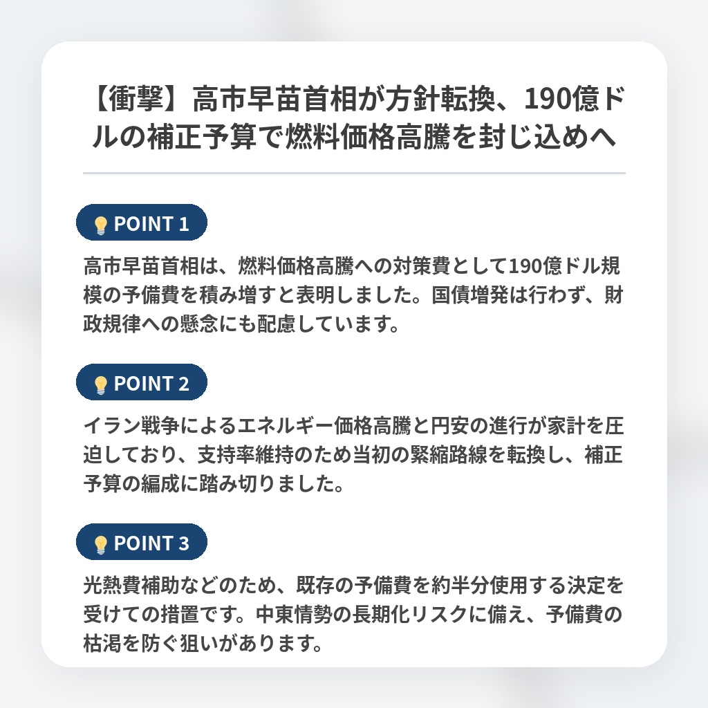 【衝撃】高市早苗首相が方針転換、190億ドルの補正予算で燃料価格高騰を封じ込めへの注目ポイントまとめ