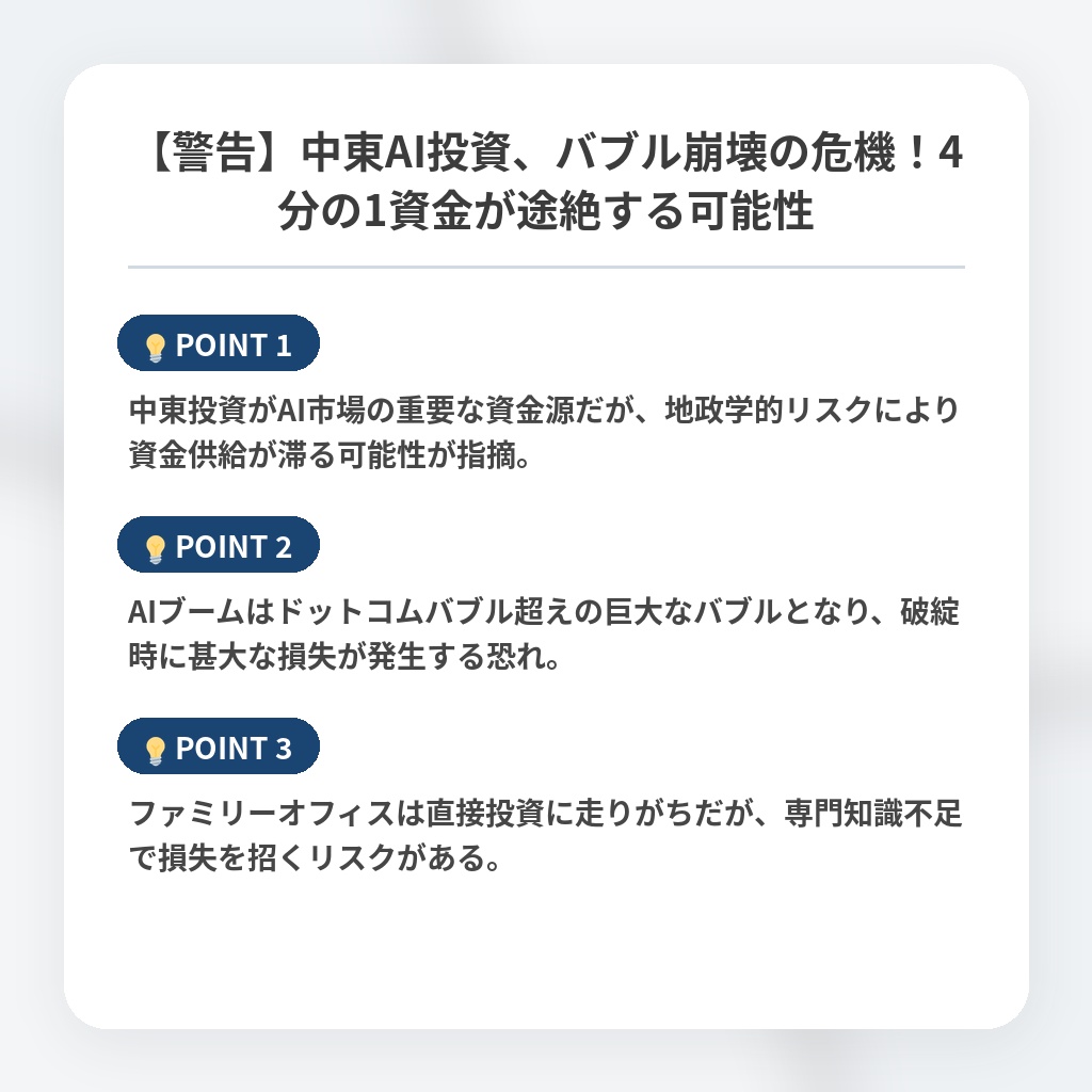 【警告】中東AI投資、バブル崩壊の危機！4分の1資金が途絶する可能性の注目ポイントまとめ