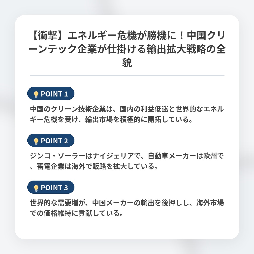 【衝撃】エネルギー危機が勝機に！中国クリーンテック企業が仕掛ける輸出拡大戦略の全貌の注目ポイントまとめ