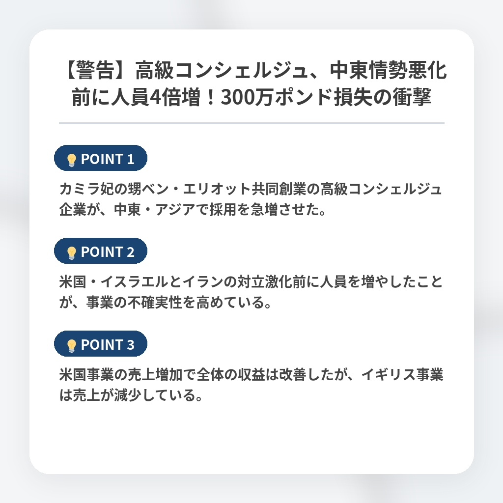 【警告】高級コンシェルジュ、中東情勢悪化前に人員4倍増！300万ポンド損失の衝撃の注目ポイントまとめ