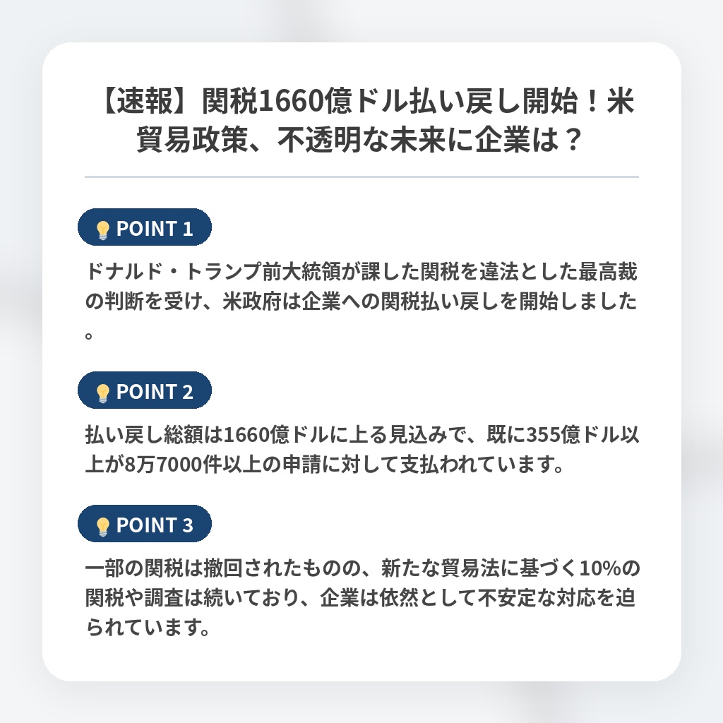 【速報】関税1660億ドル払い戻し開始！米貿易政策、不透明な未来に企業は？の注目ポイントまとめ