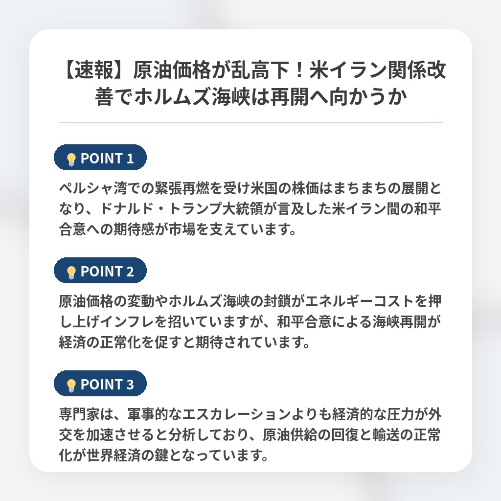 【速報】原油価格が乱高下！米イラン関係改善でホルムズ海峡は再開へ向かうかの注目ポイントまとめ