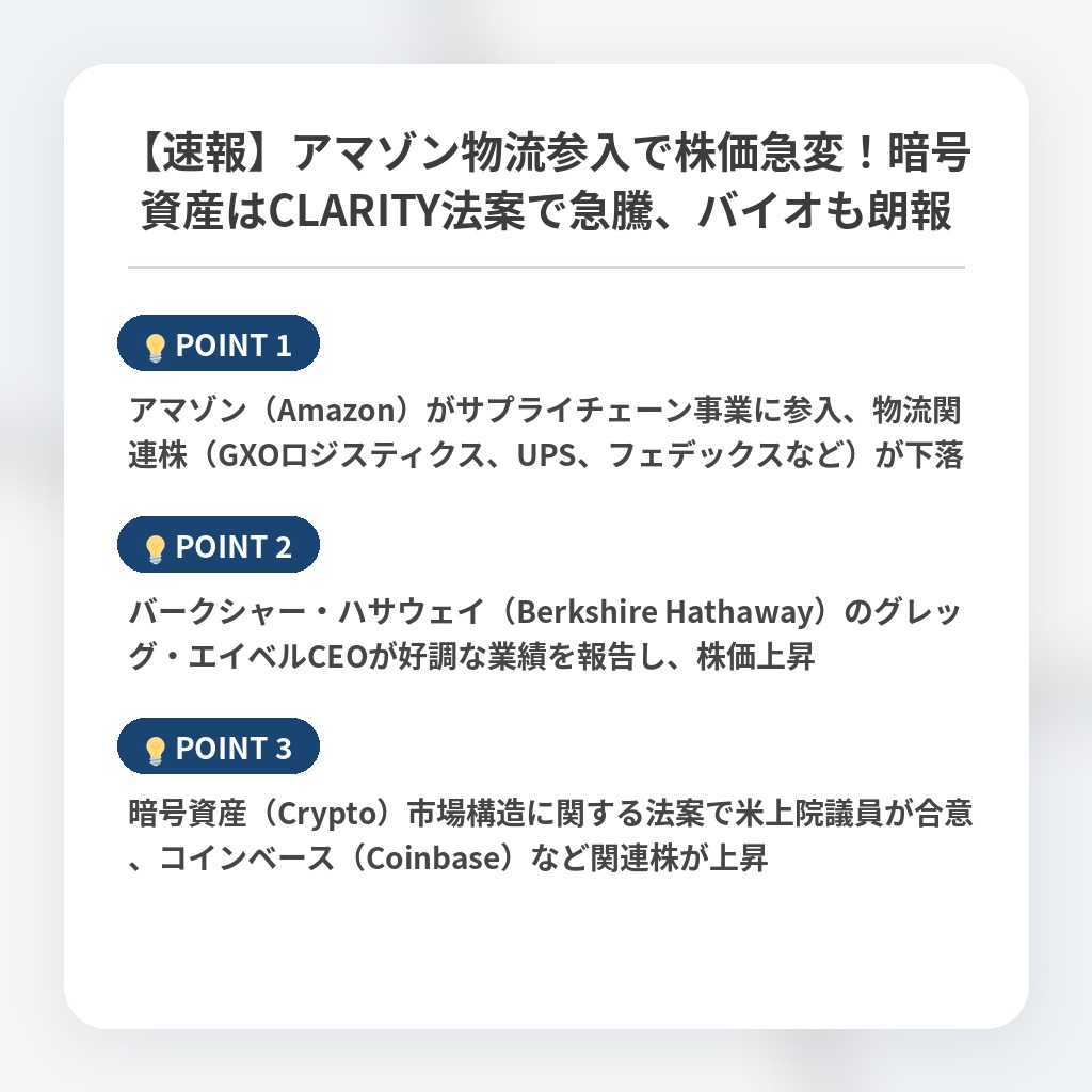 【速報】アマゾン物流参入で株価急変！暗号資産はCLARITY法案で急騰、バイオも朗報の注目ポイントまとめ