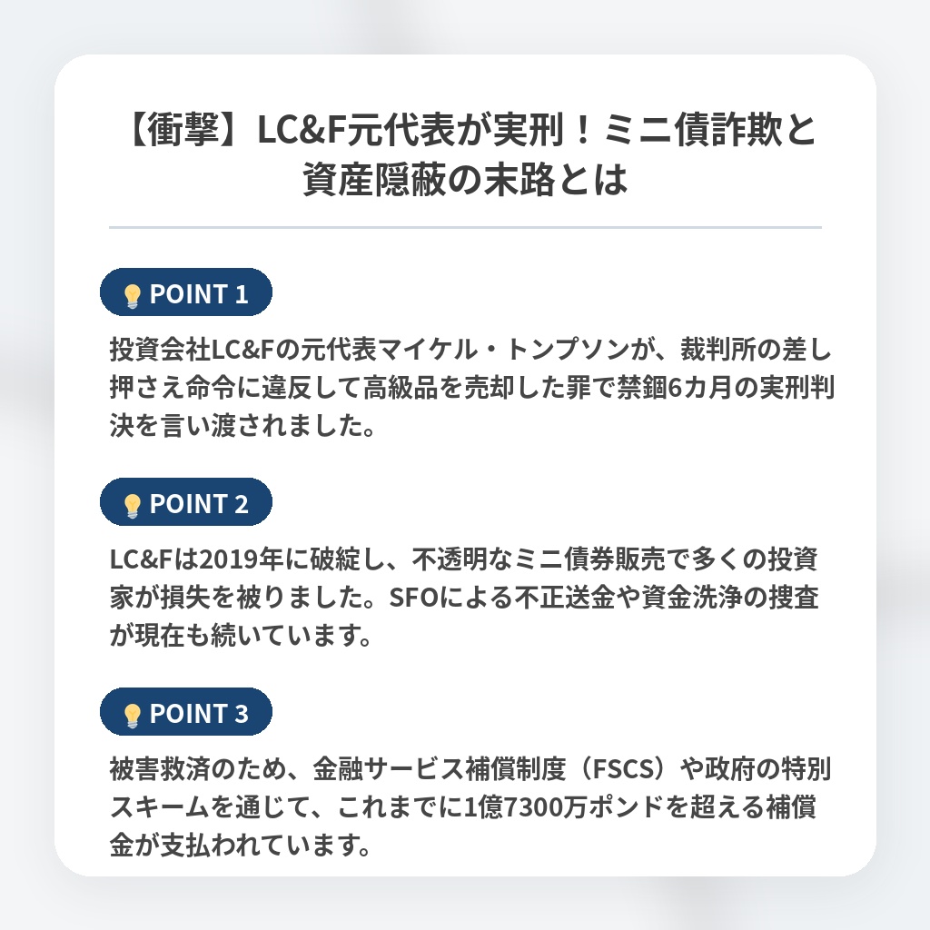【衝撃】LC&F元代表が実刑！ミニ債詐欺と資産隠蔽の末路とはの注目ポイントまとめ