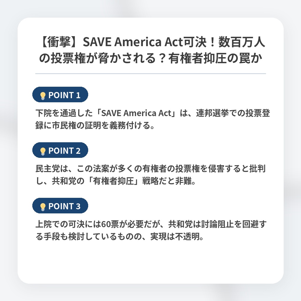 【衝撃】SAVE America Act可決！数百万人の投票権が脅かされる？有権者抑圧の罠かの注目ポイントまとめ