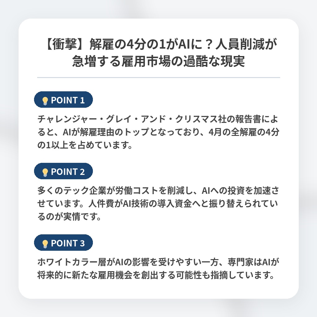 【衝撃】解雇の4分の1がAIに？人員削減が急増する雇用市場の過酷な現実の注目ポイントまとめ