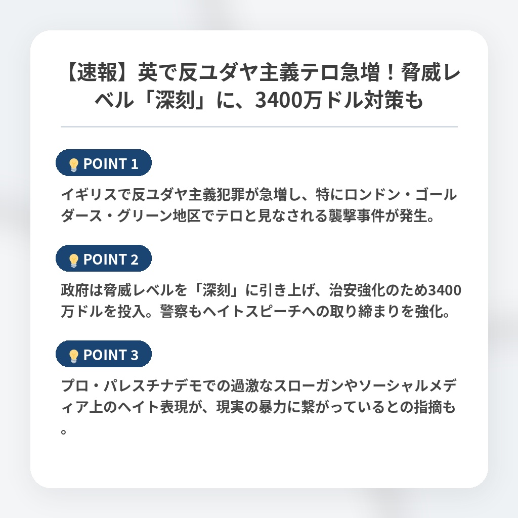 【速報】英で反ユダヤ主義テロ急増！脅威レベル「深刻」に、3400万ドル対策もの注目ポイントまとめ