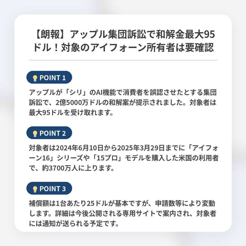 【朗報】アップル集団訴訟で和解金最大95ドル！対象のアイフォーン所有者は要確認の注目ポイントまとめ