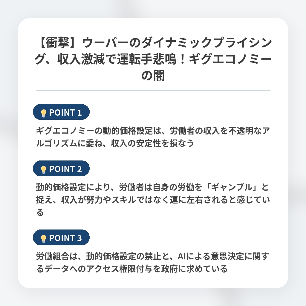 【衝撃】ウーバーのダイナミックプライシング、収入激減で運転手悲鳴！ギグエコノミーの闇の注目ポイントまとめ