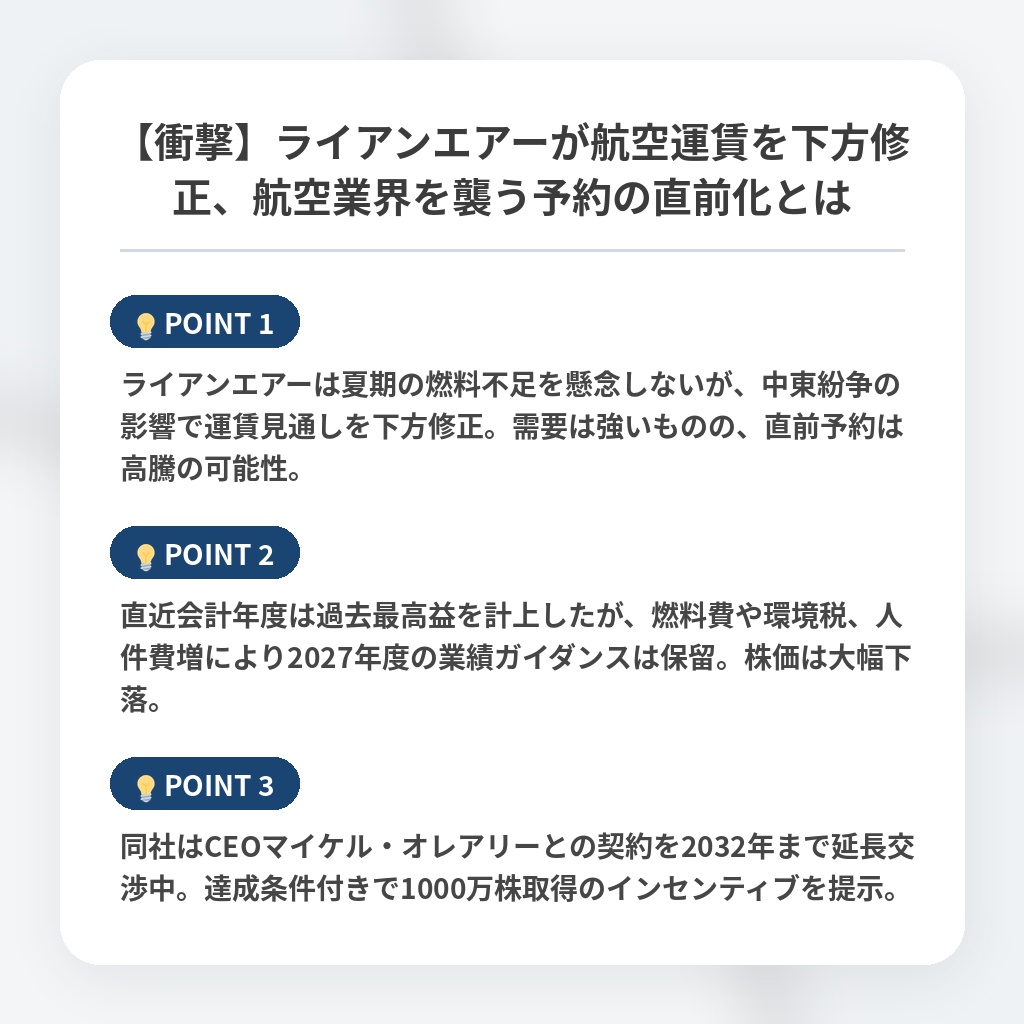 【衝撃】ライアンエアーが航空運賃を下方修正、航空業界を襲う予約の直前化とはの注目ポイントまとめ