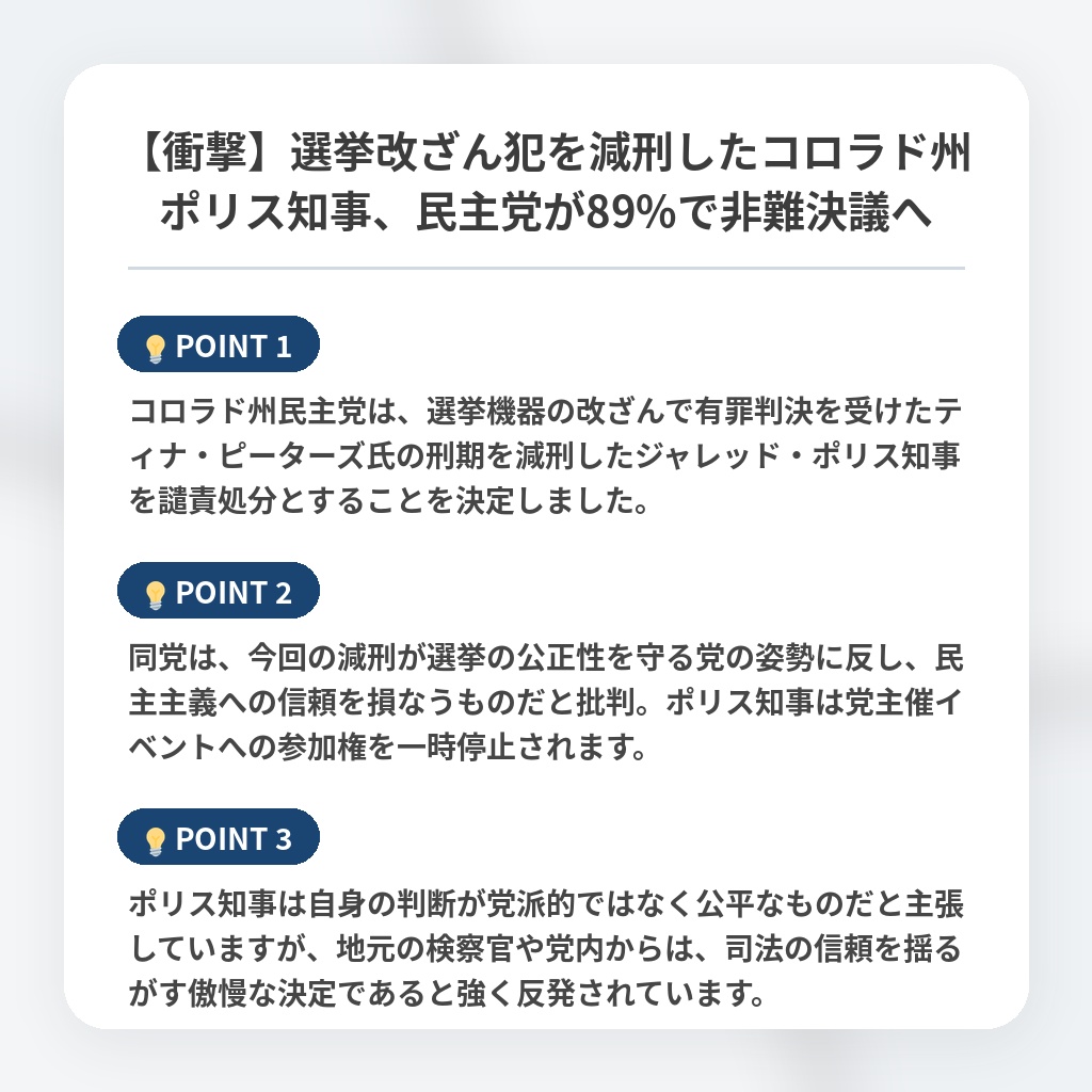 【衝撃】選挙改ざん犯を減刑したコロラド州ポリス知事、民主党が89%で非難決議への注目ポイントまとめ