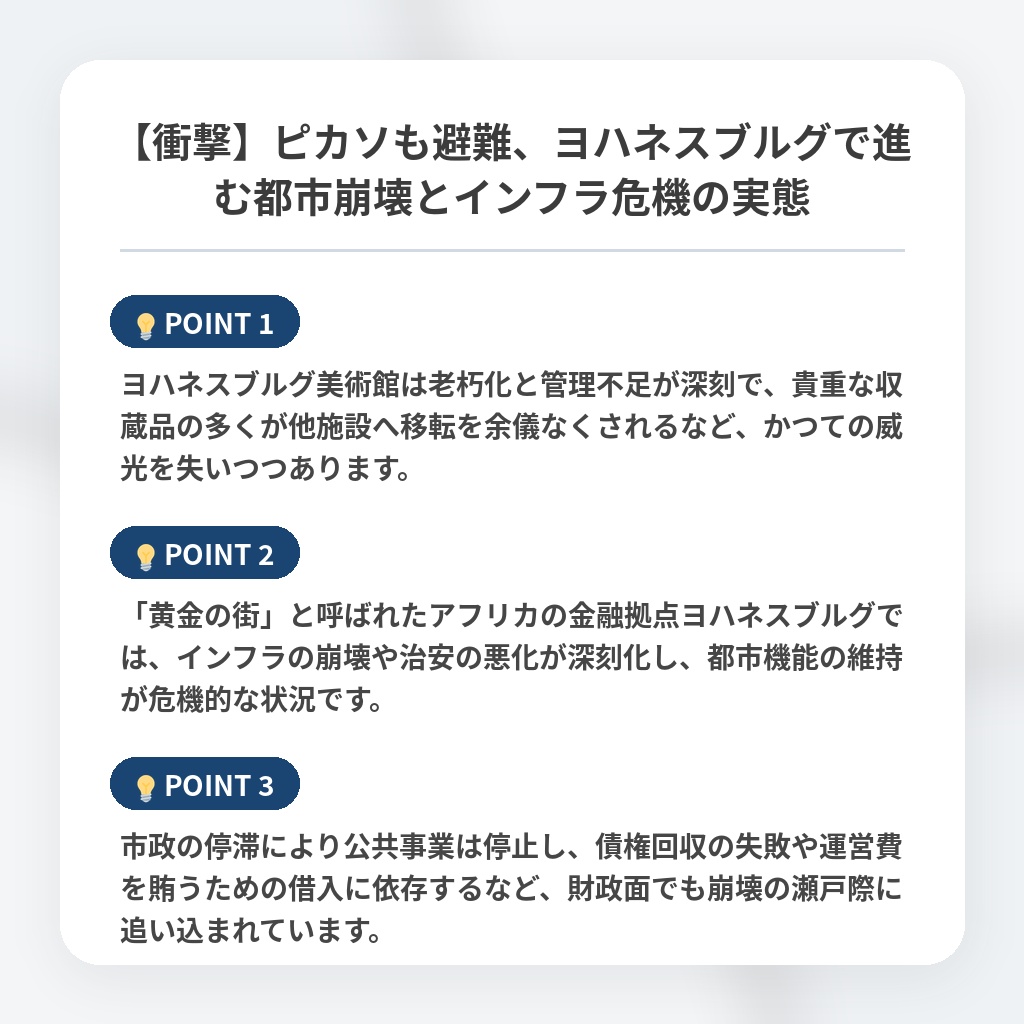 【衝撃】ピカソも避難、ヨハネスブルグで進む都市崩壊とインフラ危機の実態の注目ポイントまとめ