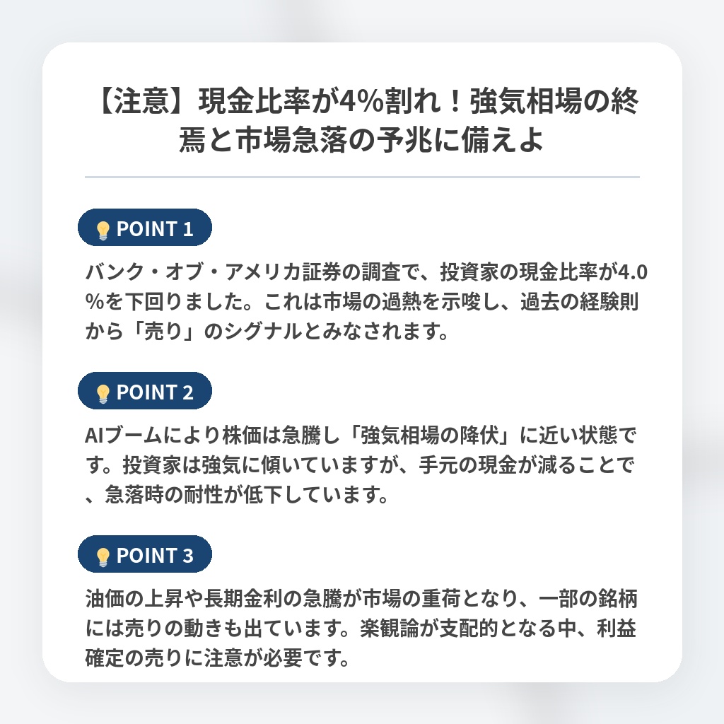 【注意】現金比率が4%割れ!強気相場の終焉と市場急落の予兆に備えよの注目ポイントまとめ
