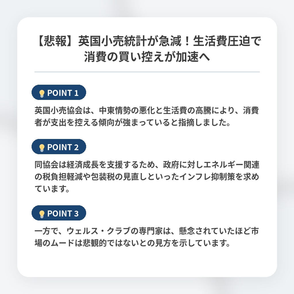 【悲報】英国小売統計が急減！生活費圧迫で消費の買い控えが加速への注目ポイントまとめ