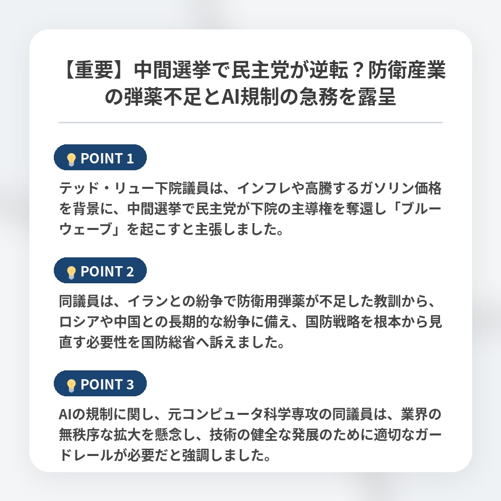 【重要】中間選挙で民主党が逆転？防衛産業の弾薬不足とAI規制の急務を露呈の注目ポイントまとめ