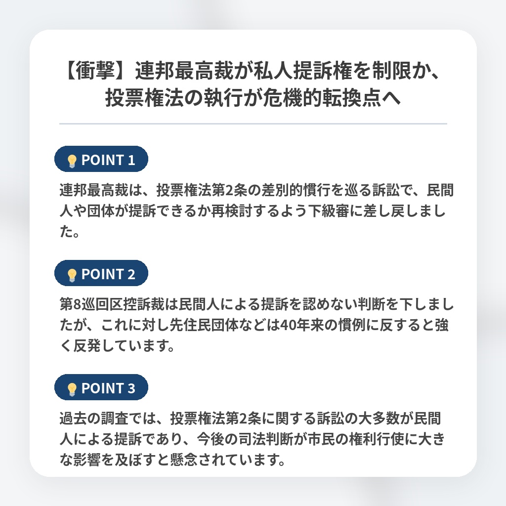 【衝撃】連邦最高裁が私人提訴権を制限か、投票権法の執行が危機的転換点への注目ポイントまとめ