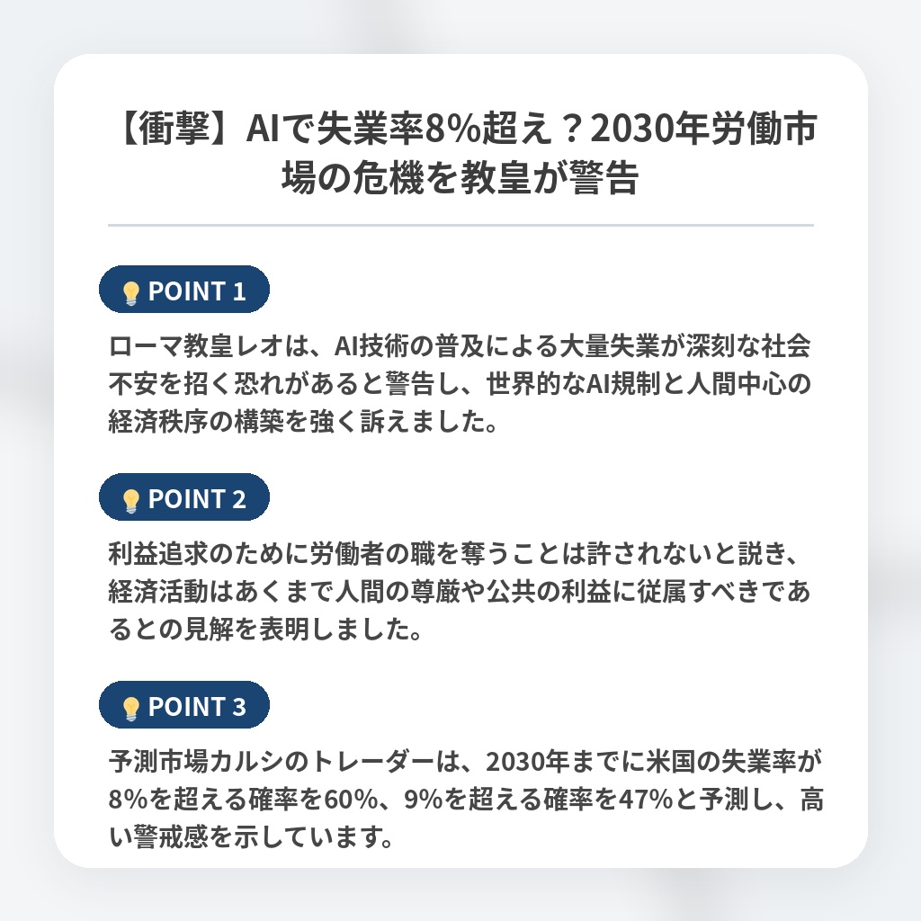 【衝撃】AIで失業率8％超え？2030年労働市場の危機を教皇が警告の注目ポイントまとめ
