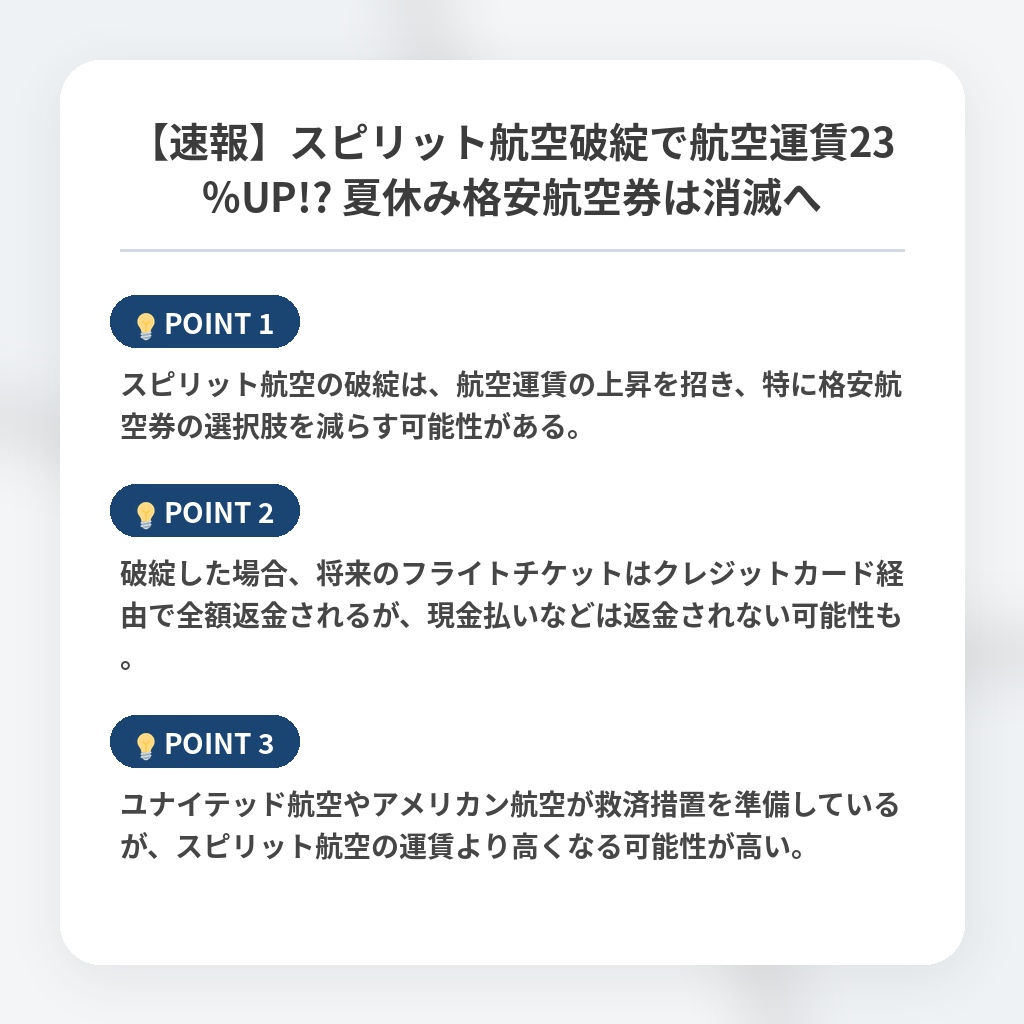 【速報】スピリット航空破綻で航空運賃23%UP!? 夏休み格安航空券は消滅への注目ポイントまとめ