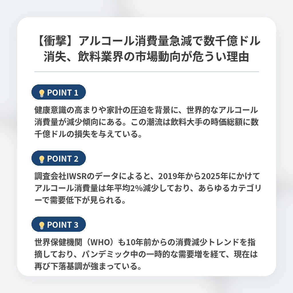 【衝撃】アルコール消費量急減で数千億ドル消失、飲料業界の市場動向が危うい理由の注目ポイントまとめ