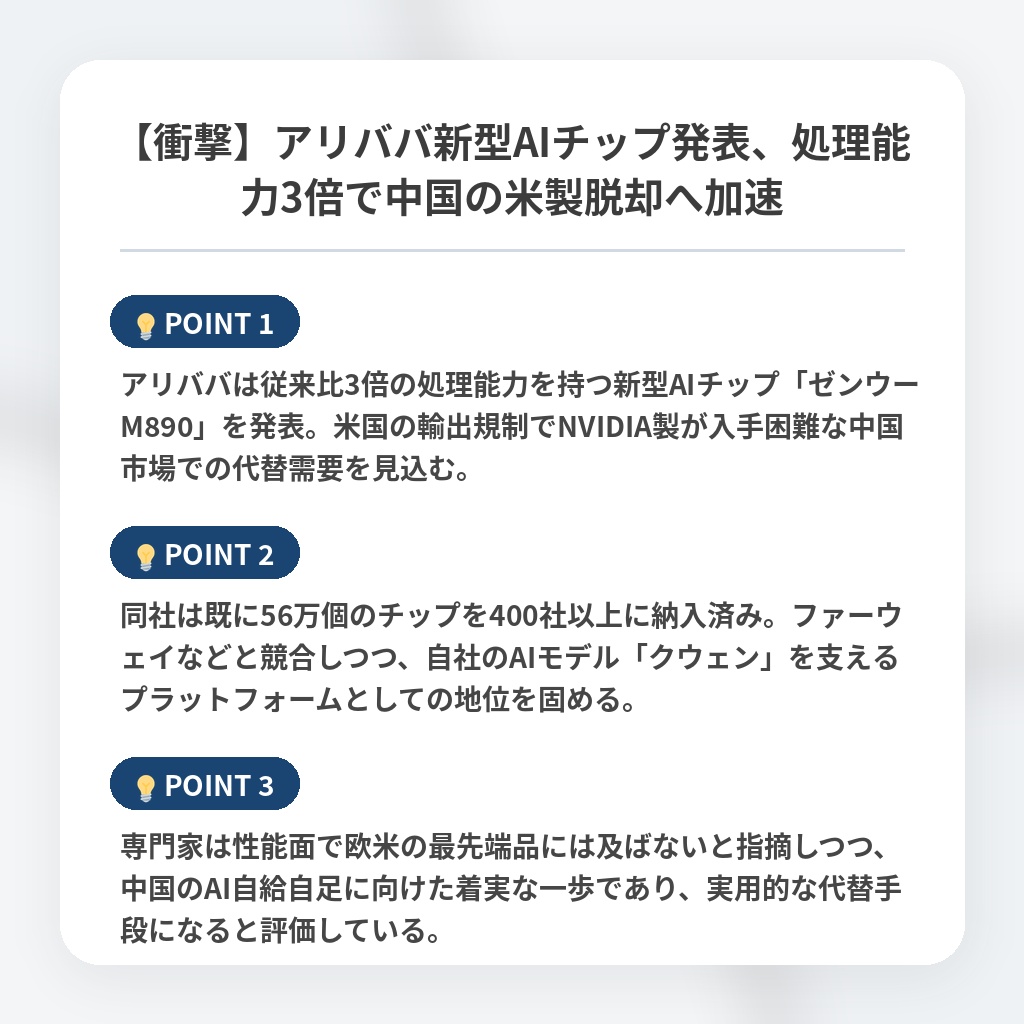 【衝撃】アリババ新型AIチップ発表、処理能力3倍で中国の米製脱却へ加速の注目ポイントまとめ
