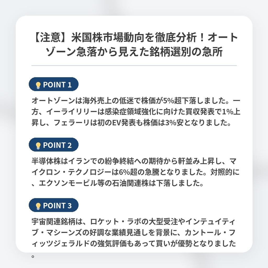 【注意】米国株市場動向を徹底分析!オートゾーン急落から見えた銘柄選別の急所の注目ポイントまとめ