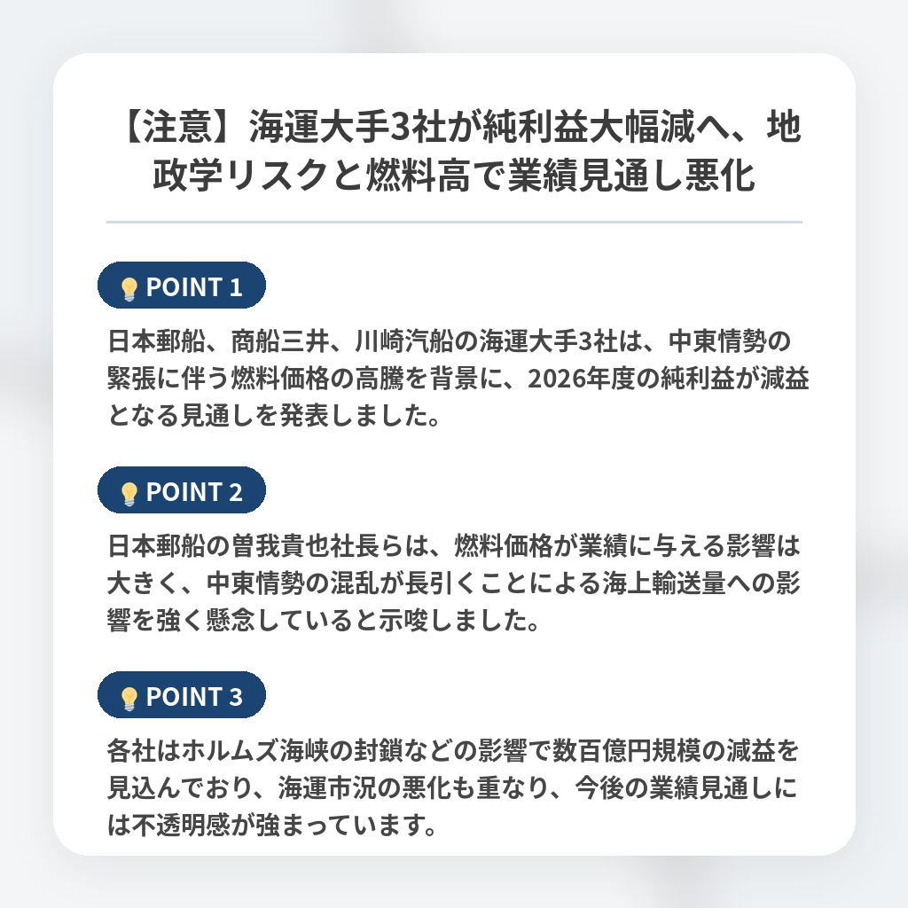 【注意】海運大手3社が純利益大幅減へ、地政学リスクと燃料高で業績見通し悪化の注目ポイントまとめ
