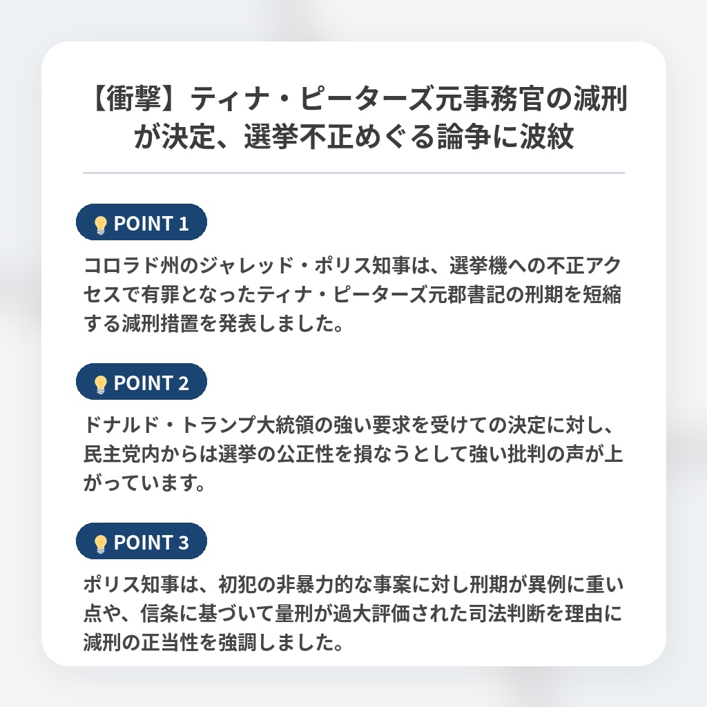 【衝撃】ティナ・ピーターズ元事務官の減刑が決定、選挙不正めぐる論争に波紋の注目ポイントまとめ