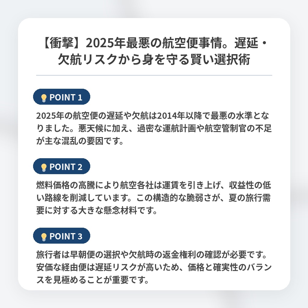 【衝撃】2025年最悪の航空便事情。遅延・欠航リスクから身を守る賢い選択術の注目ポイントまとめ