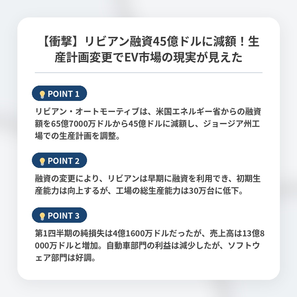 【衝撃】リビアン融資45億ドルに減額！生産計画変更でEV市場の現実が見えたの注目ポイントまとめ
