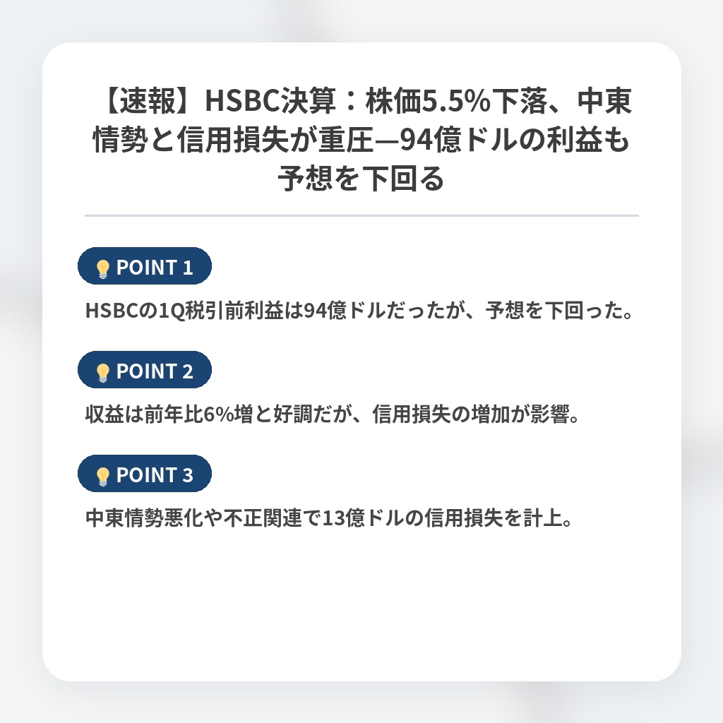 【速報】HSBC決算：株価5.5%下落、中東情勢と信用損失が重圧—94億ドルの利益も予想を下回るの注目ポイントまとめ