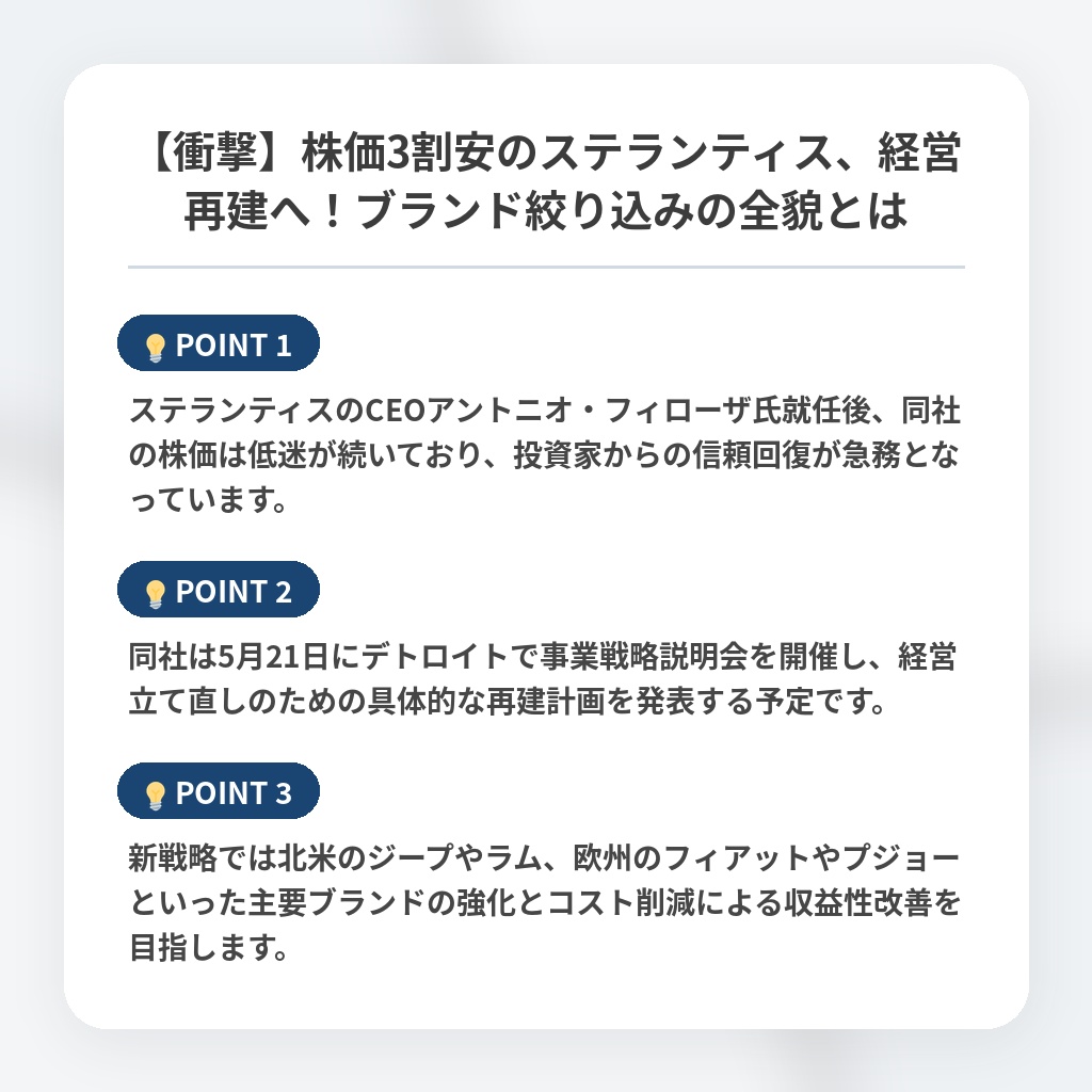 【衝撃】株価3割安のステランティス、経営再建へ！ブランド絞り込みの全貌とはの注目ポイントまとめ