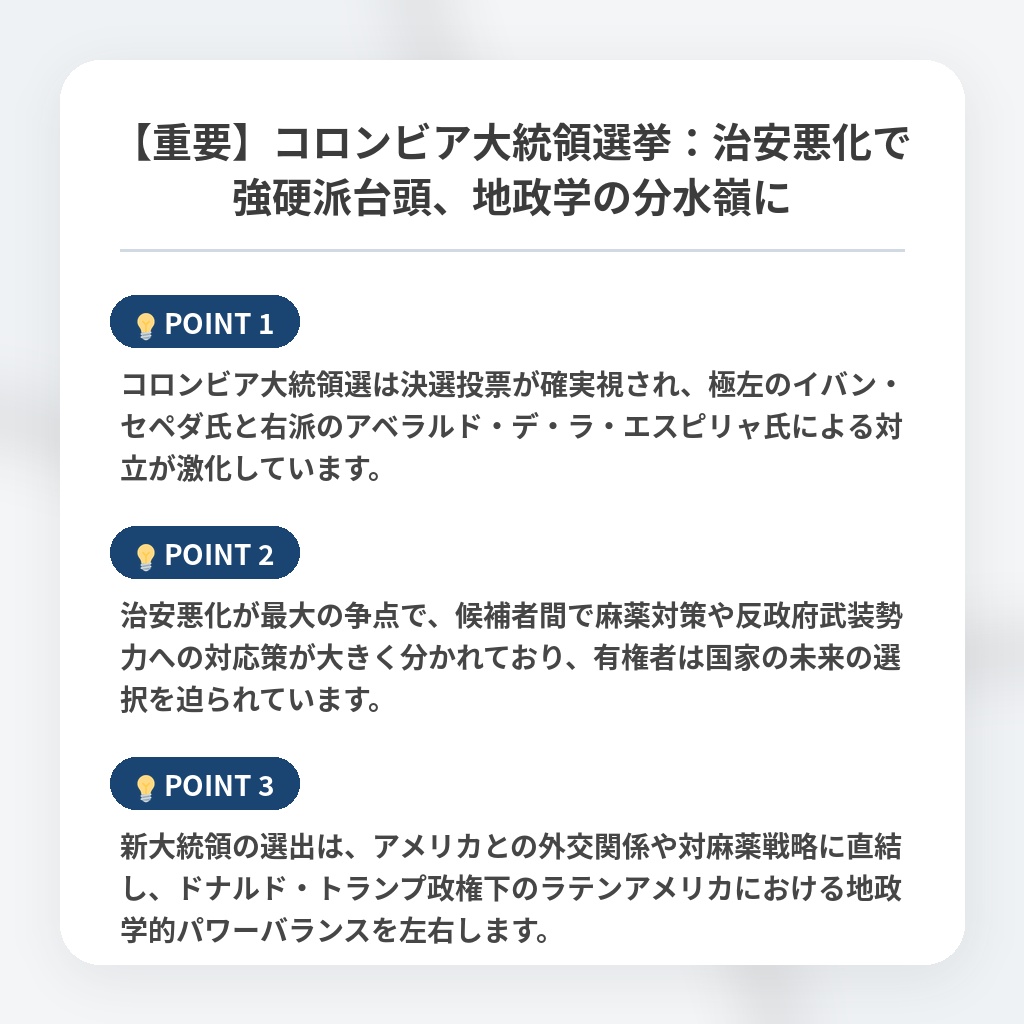 【重要】コロンビア大統領選挙：治安悪化で強硬派台頭、地政学の分水嶺にの注目ポイントまとめ