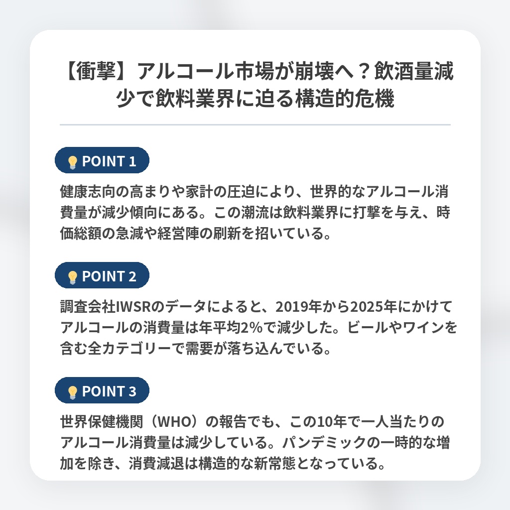 【衝撃】アルコール市場が崩壊へ？飲酒量減少で飲料業界に迫る構造的危機の注目ポイントまとめ