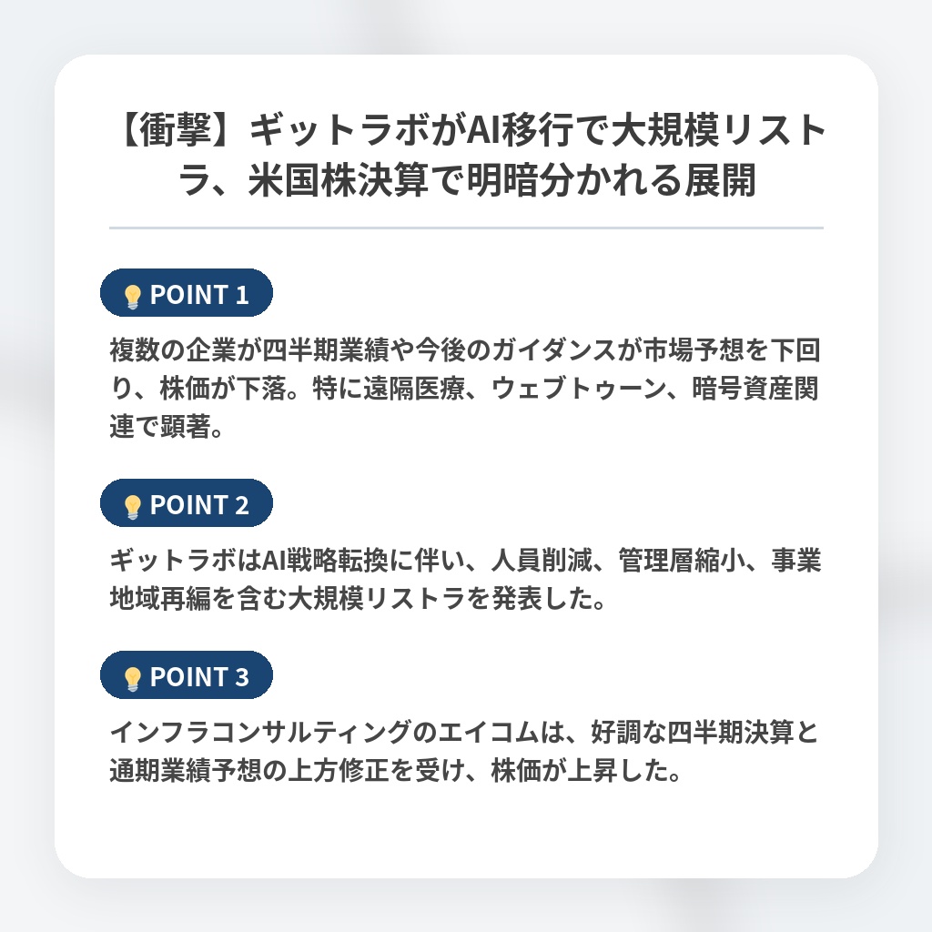 【衝撃】ギットラボがAI移行で大規模リストラ、米国株決算で明暗分かれる展開の注目ポイントまとめ
