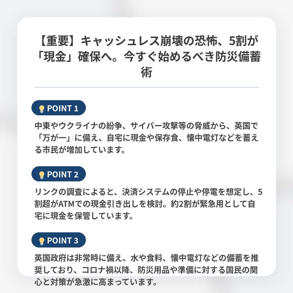 【重要】キャッシュレス崩壊の恐怖、5割が「現金」確保へ。今すぐ始めるべき防災備蓄術の注目ポイントまとめ