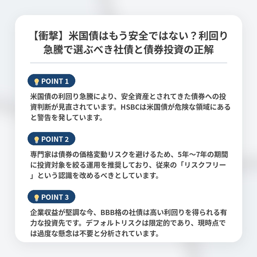 【衝撃】米国債はもう安全ではない?利回り急騰で選ぶべき社債と債券投資の正解の注目ポイントまとめ