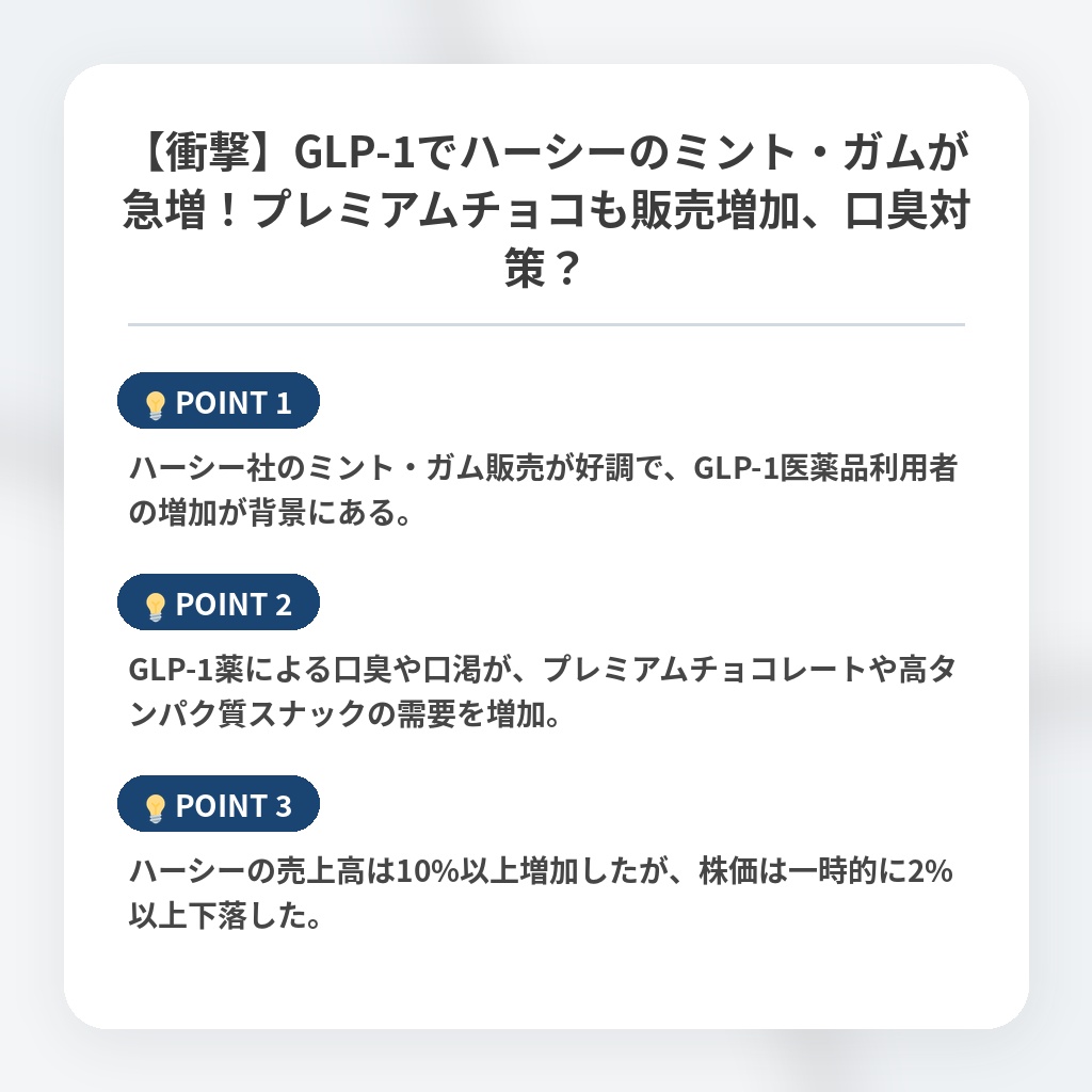 【衝撃】GLP-1でハーシーのミント・ガムが急増！プレミアムチョコも販売増加、口臭対策？の注目ポイントまとめ