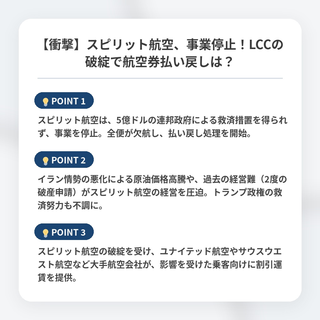 【衝撃】スピリット航空、事業停止！LCCの破綻で航空券払い戻しは？の注目ポイントまとめ