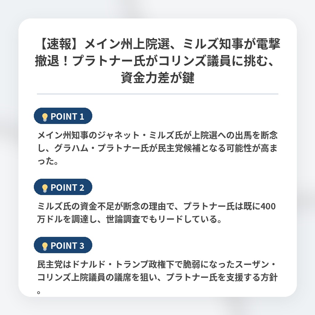 【速報】メイン州上院選、ミルズ知事が電撃撤退！プラトナー氏がコリンズ議員に挑む、資金力差が鍵の注目ポイントまとめ